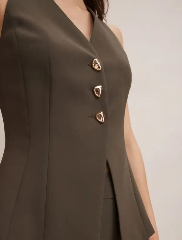 Olive Green Sleeveless V-Neck Button Waistcoat