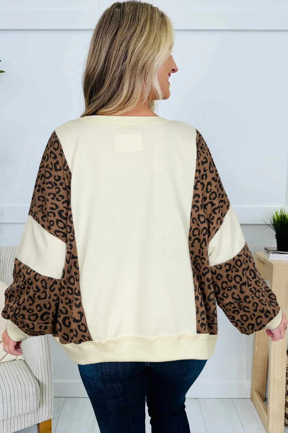 Beige Raw Seam Block Leopard Top