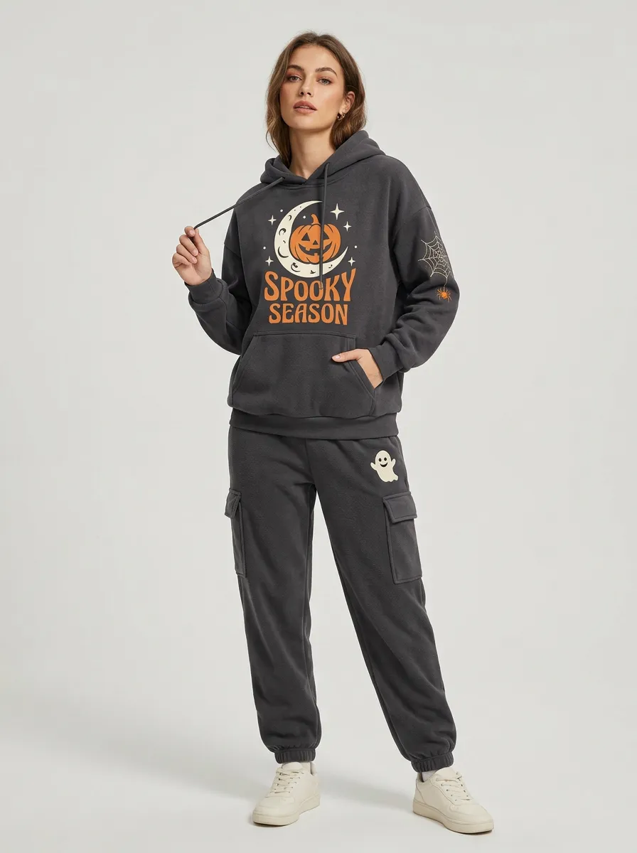 Women's Halloween Spooky Season Pumpkin Moon Ghost Printed Tracksuit