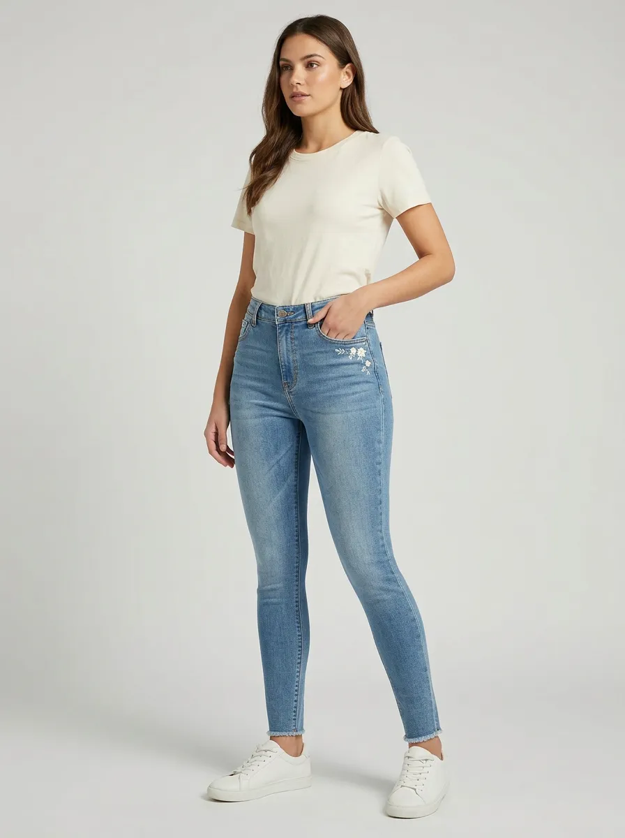 Women's Floral Embroidery High-Waist Printed Slim Jeans