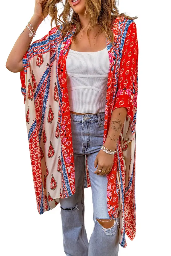 Swimwear Long Paisley Print Kimono Beach Cover Up