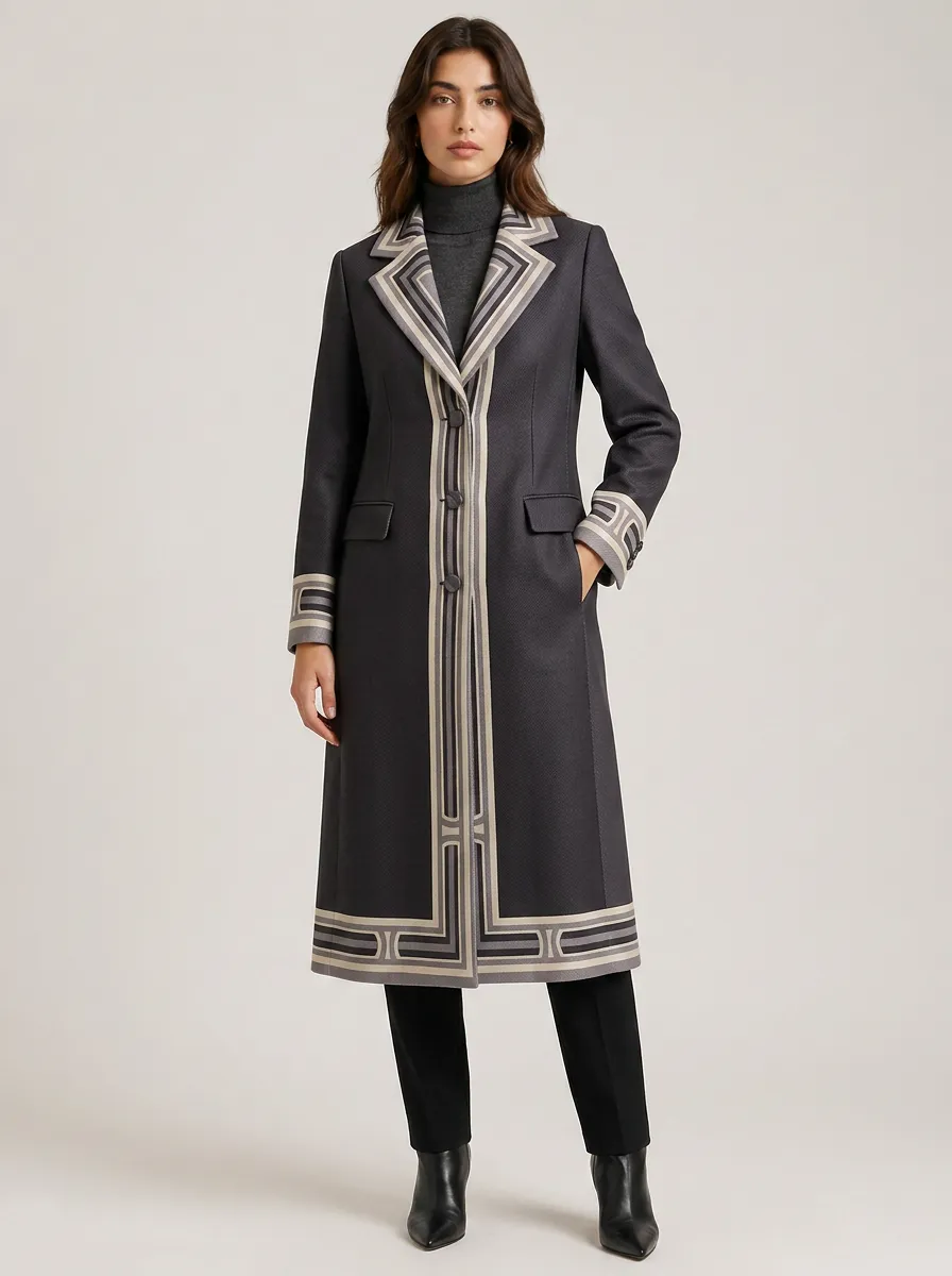 Women's Geometric Border Pattern Printed Long Coat