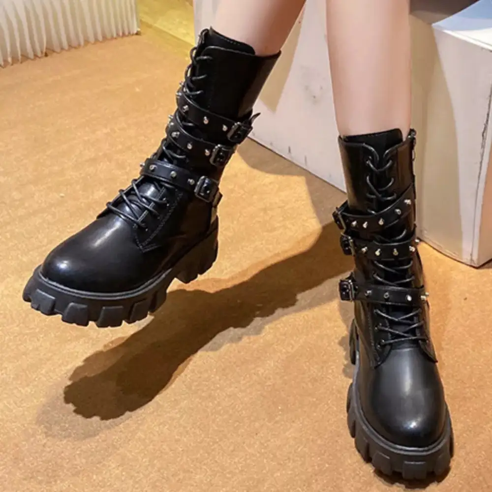 Refined Buckled Lace Up Combat Boots