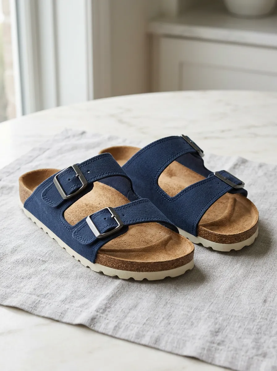 Unisex Navy Blue Canvas Double Buckle Cork Sandals