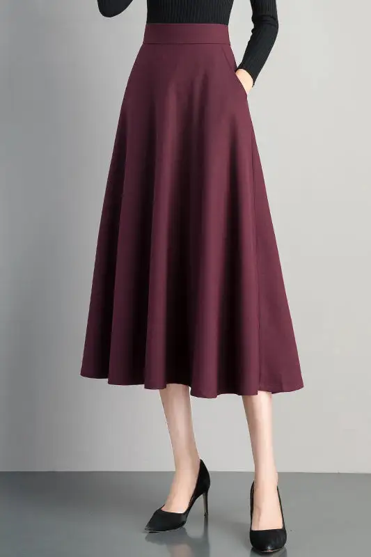 Classic Cotton Blend A Line High Waist Midi Skirt