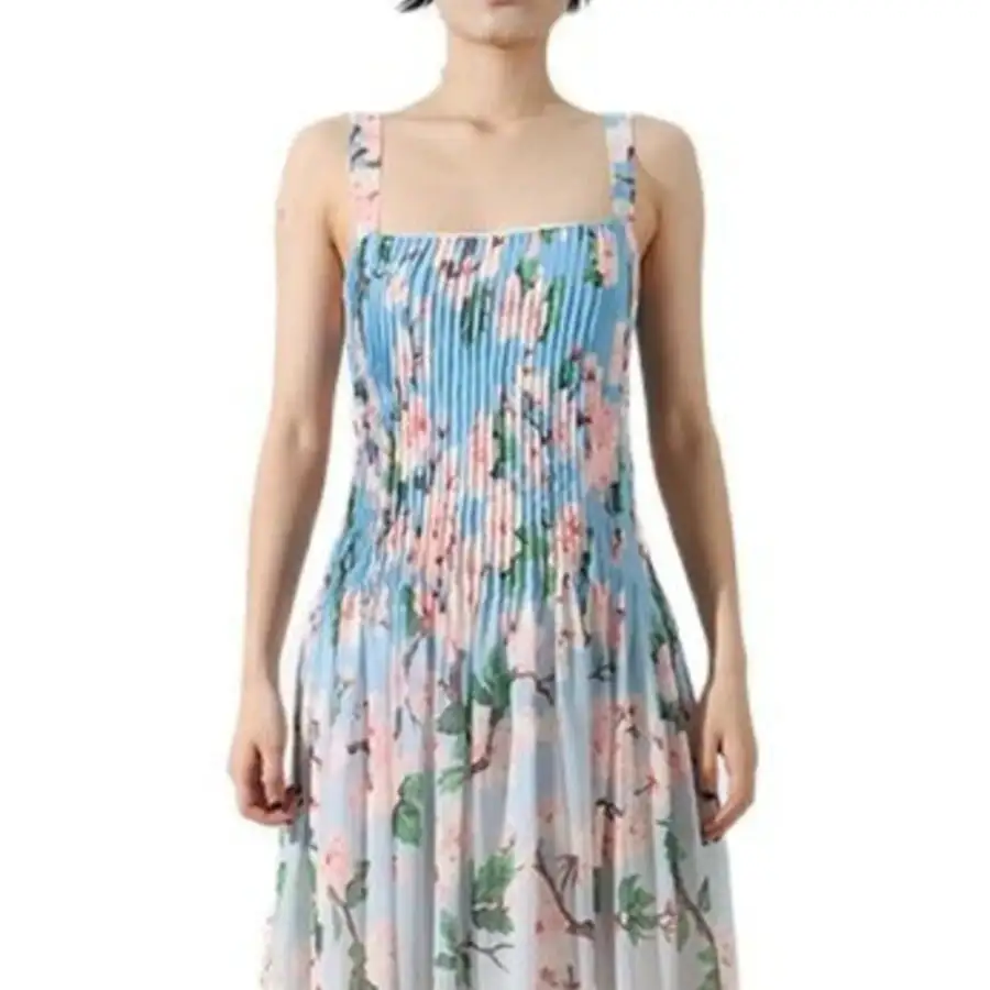 Classic Floral Print Pleated Maxi Dress