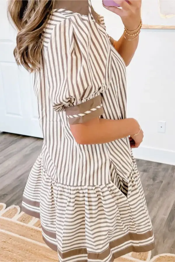 Striped Collared Patchwork Trim Mini Dress