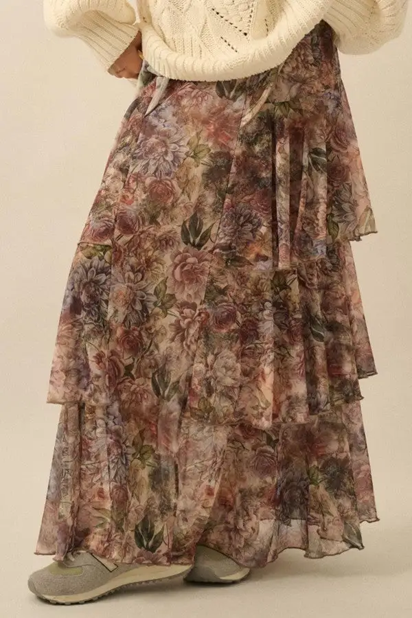 Women's Floral Print Tiered Ruffle Maxi Skirt