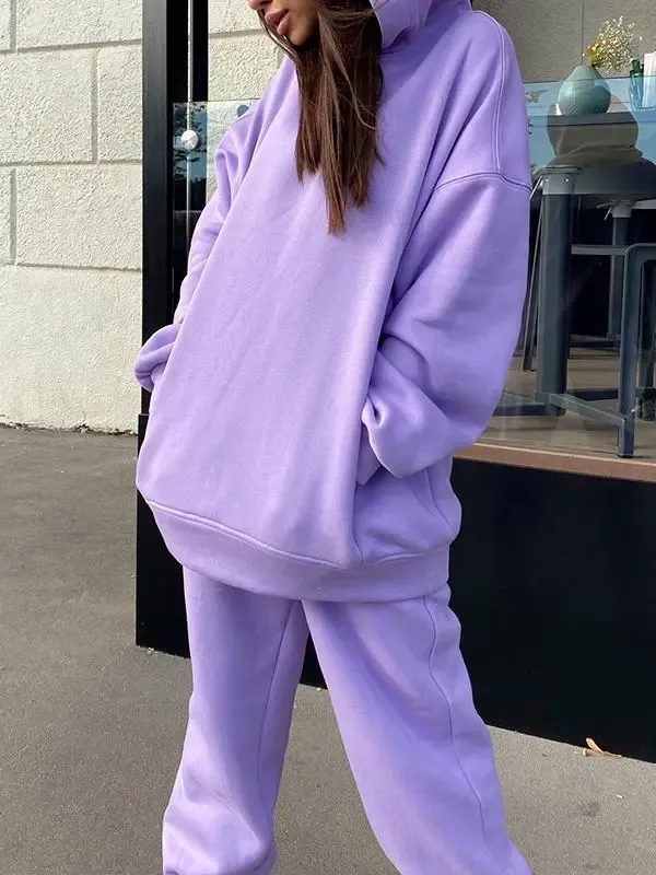Solid Color Hooded Sweatshirt Casual Two Piece Set