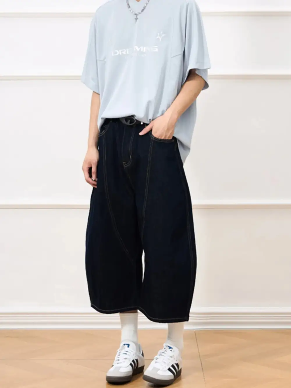Men's Wide Leg Cropped Denim Shorts