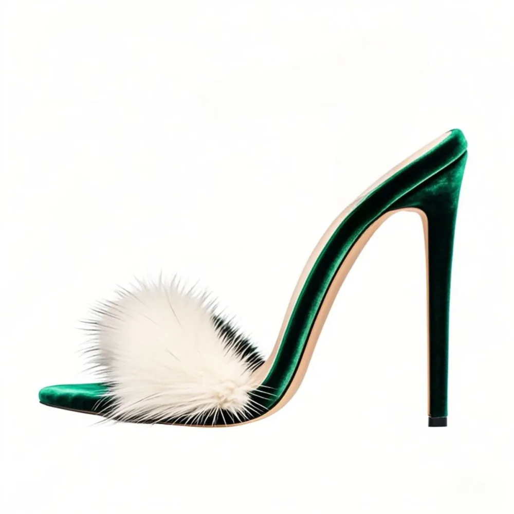 Fur Velvet High Heel Mule Sandals