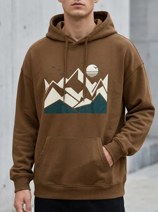 Men's Everyday Nature Outdoor Lover Mountain Sunset Print Hoodie