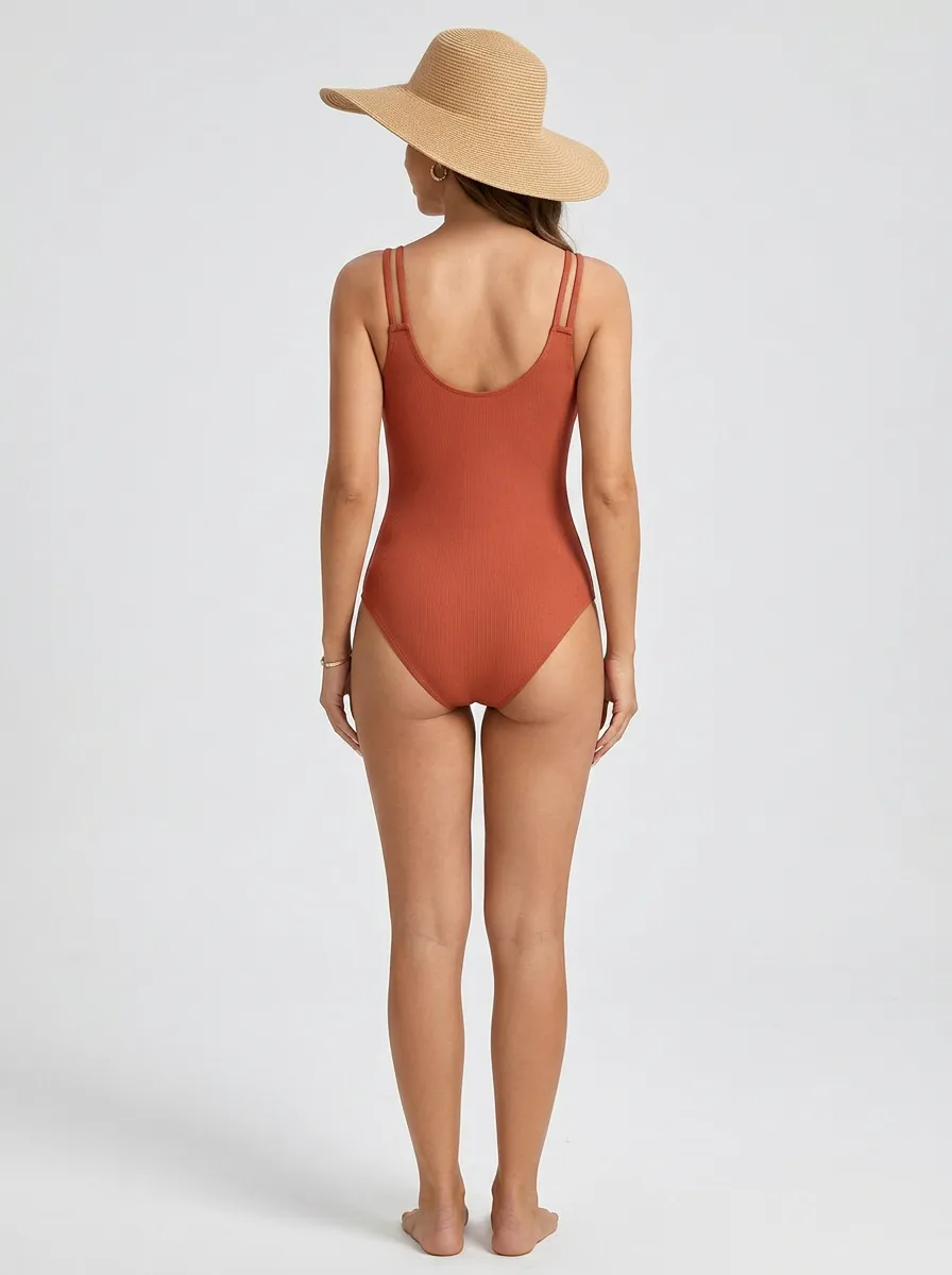 Women's Spaghetti-Strap Ring-Detail Wrap Ribbed One-Piece Swimsuit
