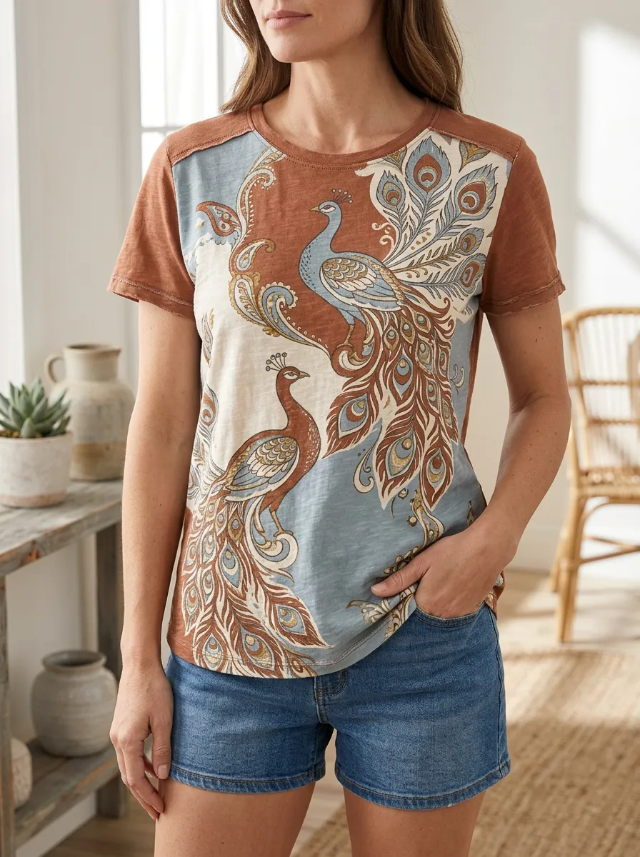 Women's Boho Peacock Bird Pattern Printed Crewneck T-shirt