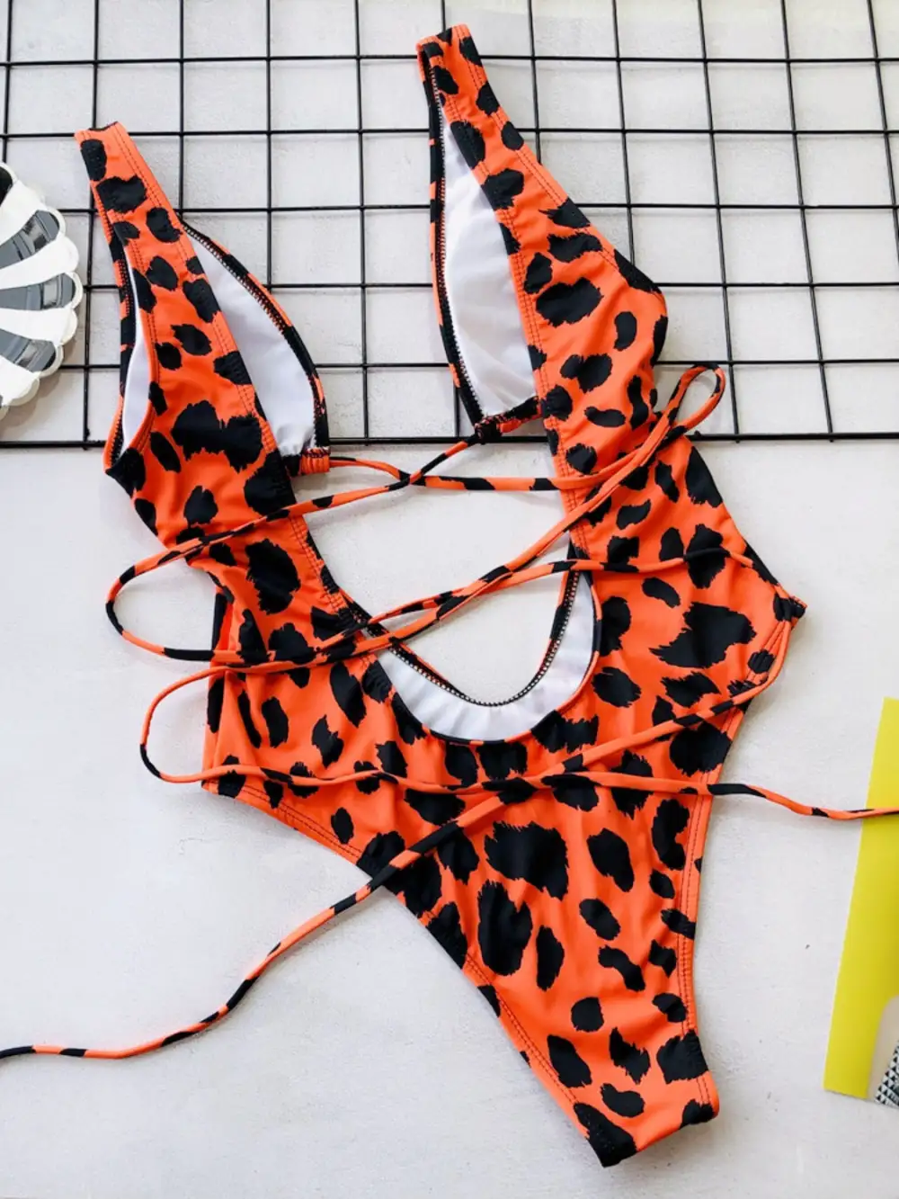 Lace Up Backless Plunge One Piece Swimsuit
