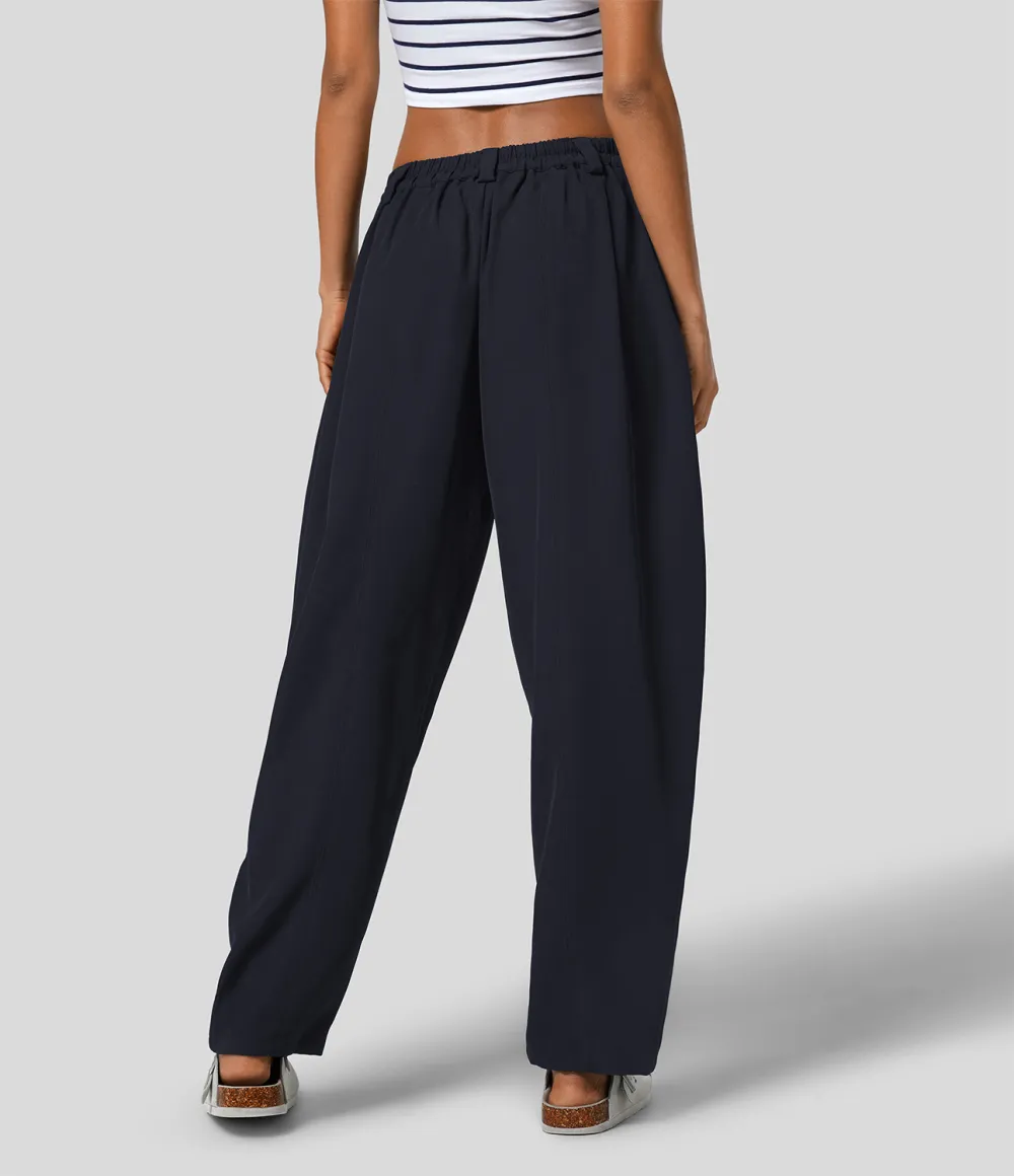 Mid Rise Plicated Side Pocket Barrel Leg Work Pants