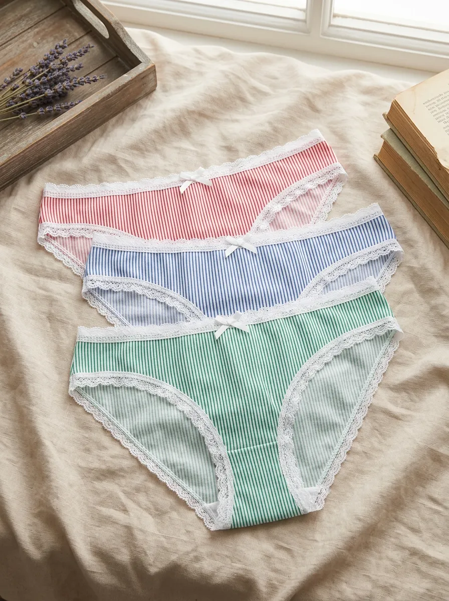 Women's Lace Trim Bow Detail Striped Printed 3-Piece Panty Set