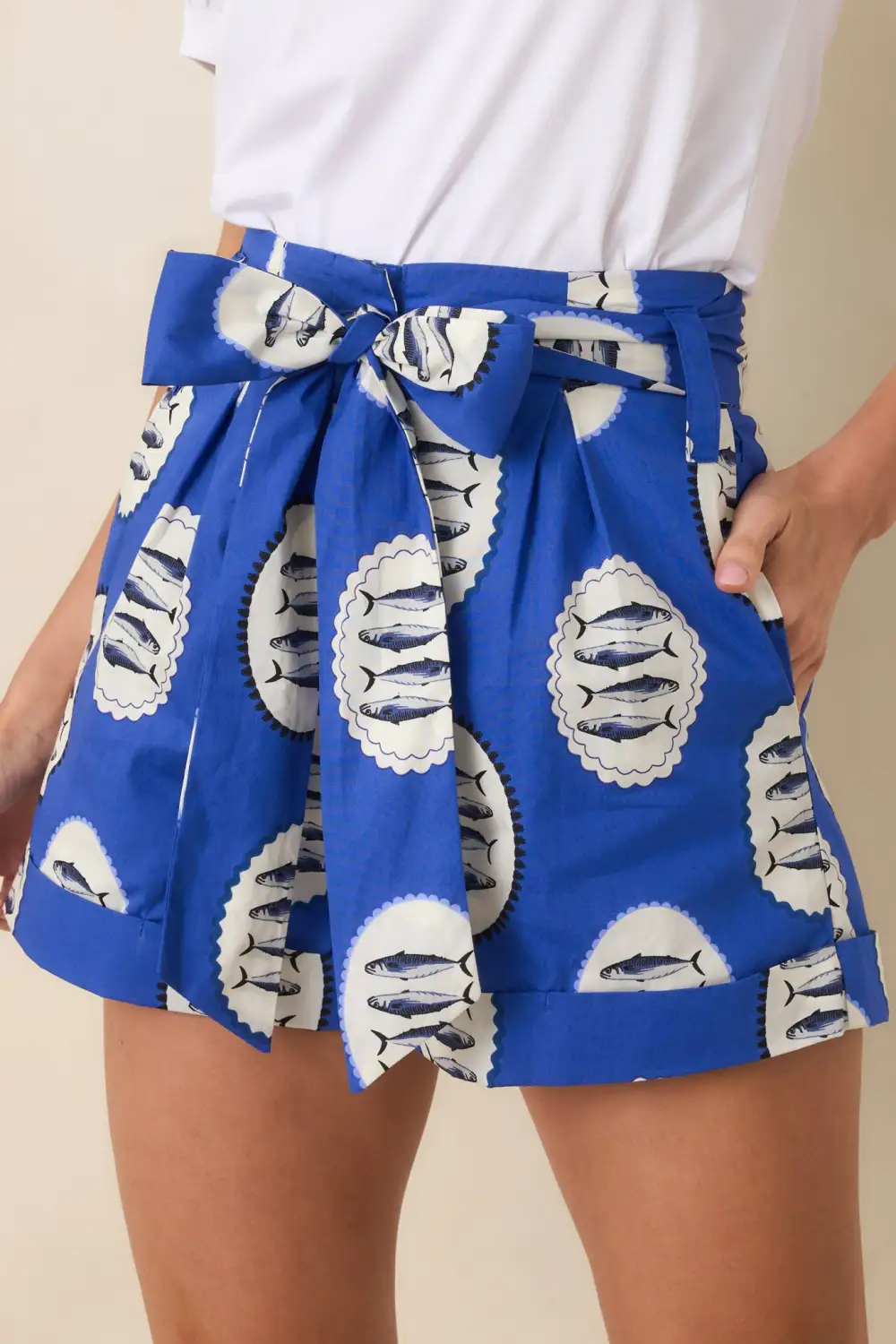 Tie-Belt Cotton Fish-Print Shorts