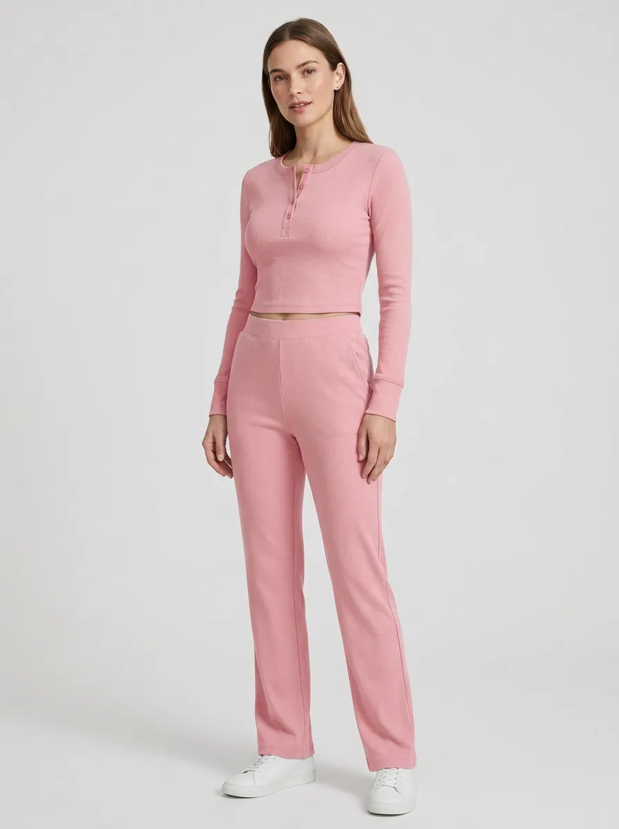 Women's Ribbed Three-Button Henley Crop Top and Straight-Leg Trouser Set