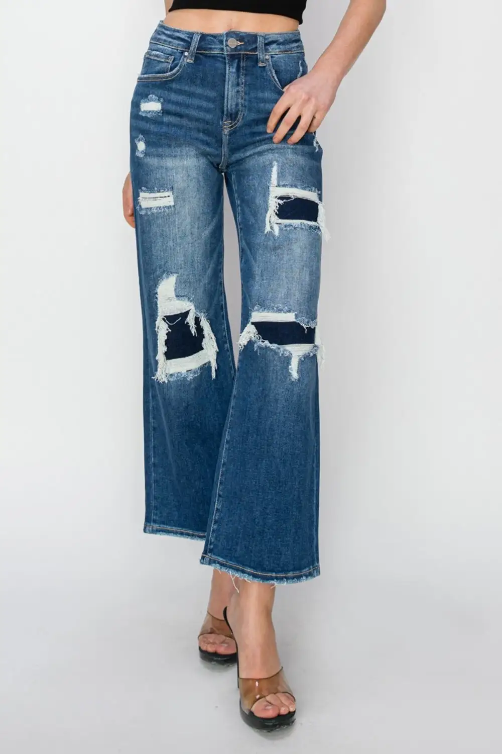 High Rise Patch Detailed Wide Leg Denim Jeans