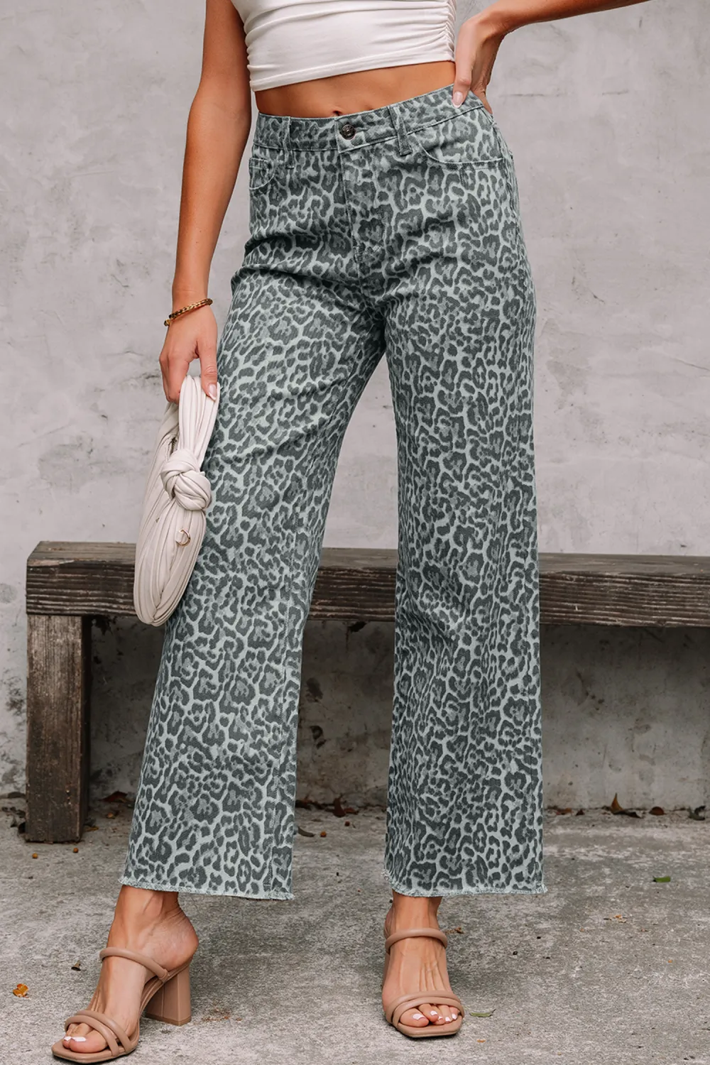 Gray Leopard Wide Leg Jeans