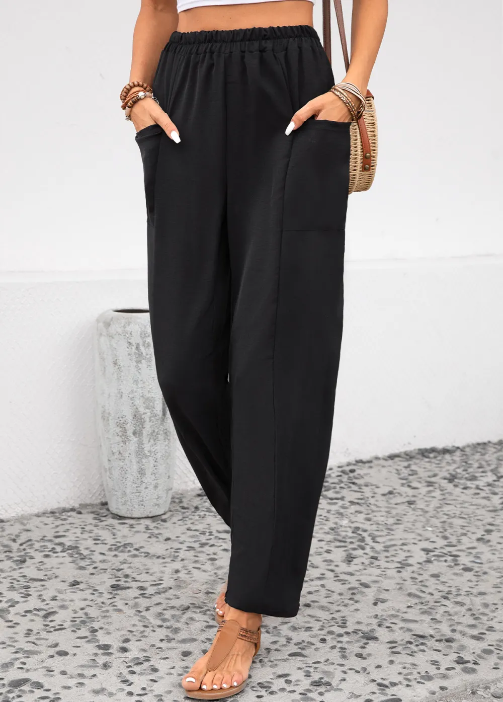 Black Pocket Elastic Waist High Waisted Pants