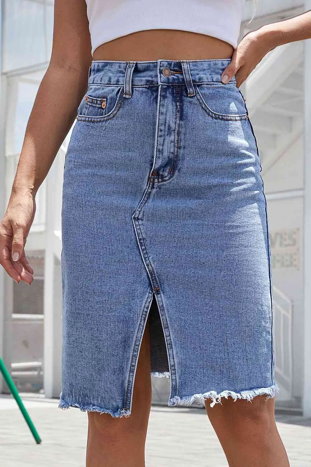 Denim Button Front Side Slit Skirt
