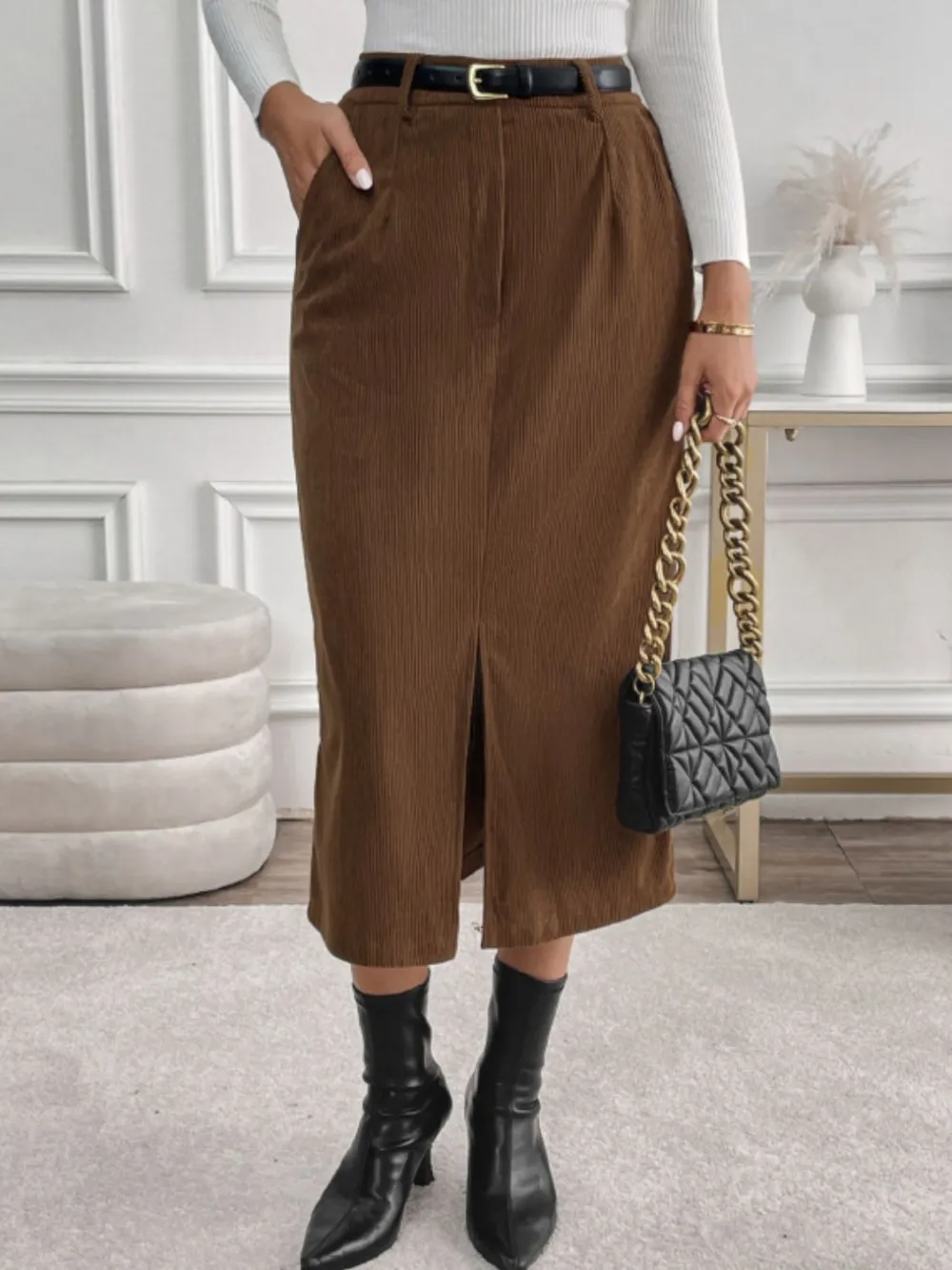 Pocket Side Slit Midi Skirt