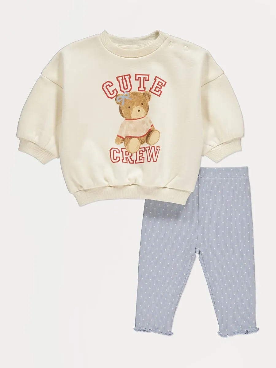 Teddy Bear Cute Crew Sweatshirt and Frill Leggings Outfit