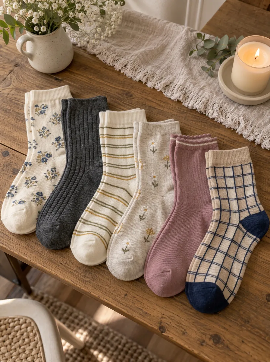 Women's Vintage Floral Striped Plaid Printed Cotton Socks Set