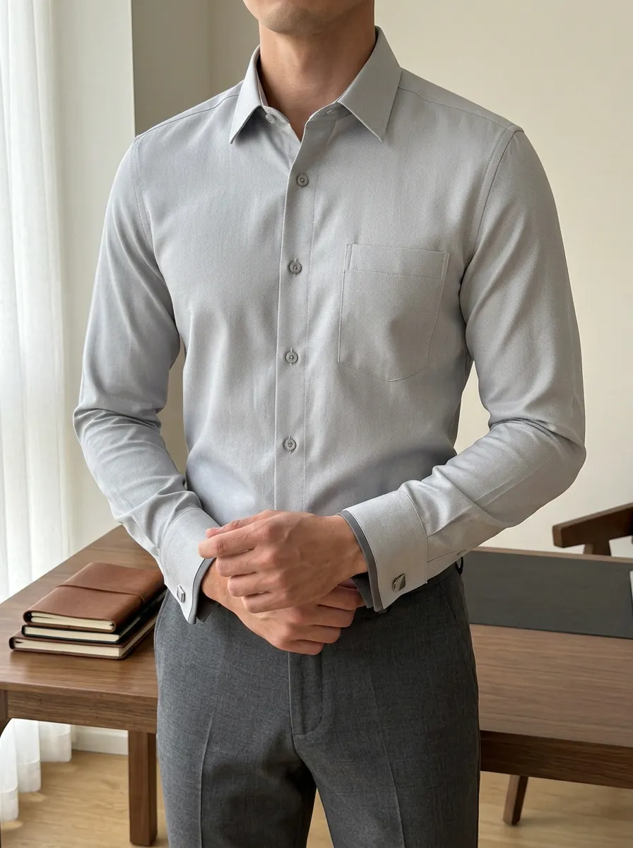 Men's Business Casual Grey Slim Fit Long Sleeve Button Up Shirt