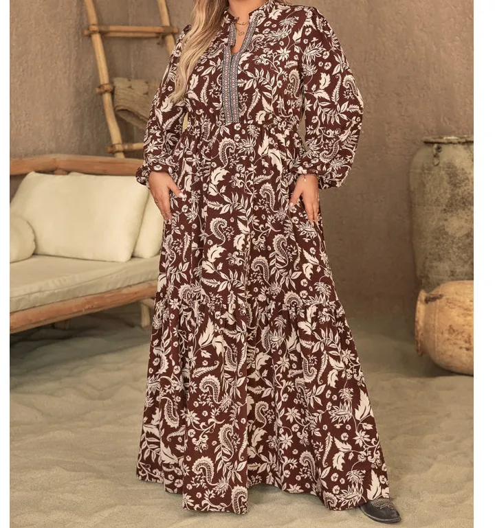 Plus Size Notched Balloon Sleeve Printed Maxi Dress