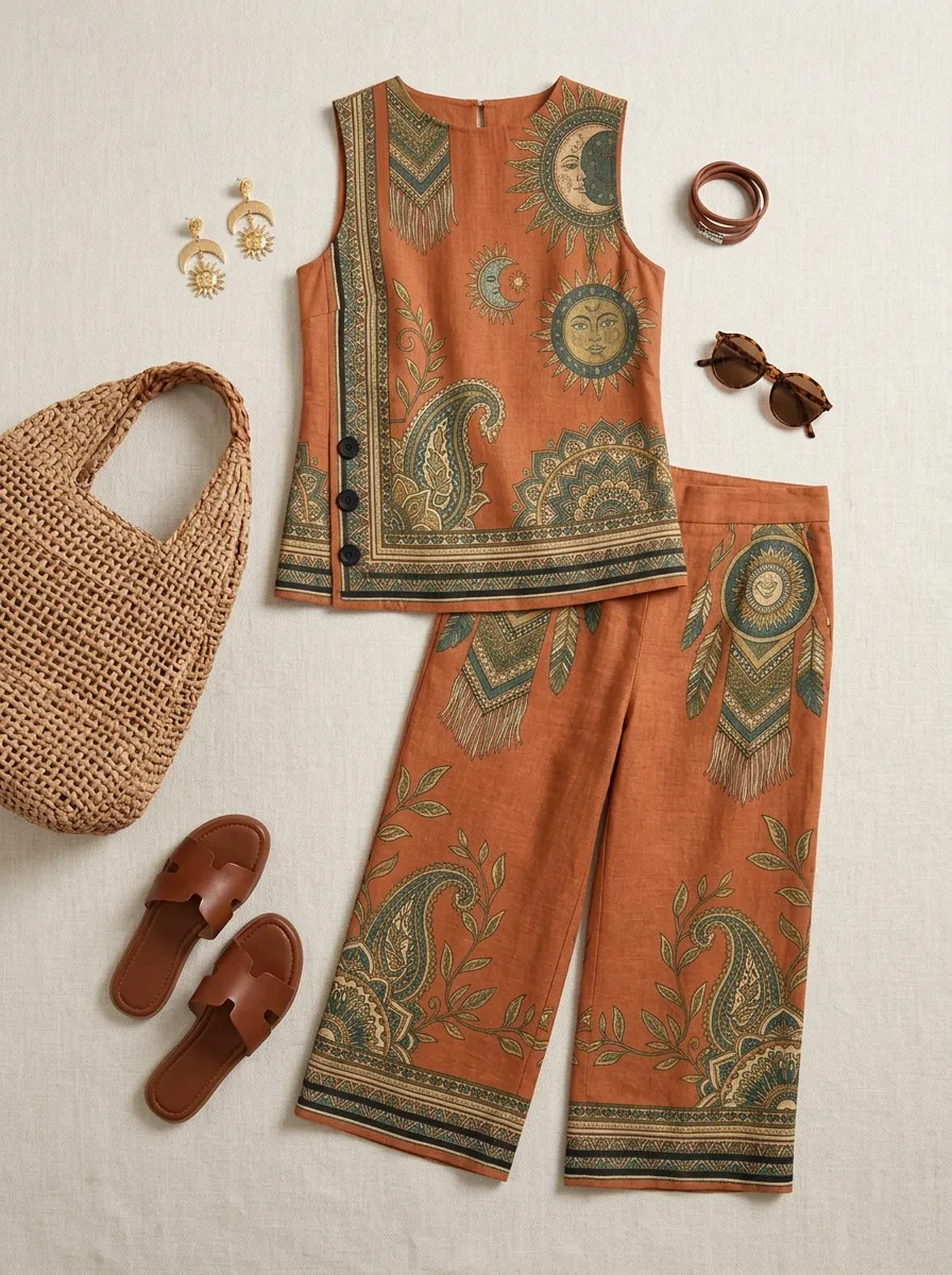 Women's Boho Sun Paisley Printed Sleeveless Set