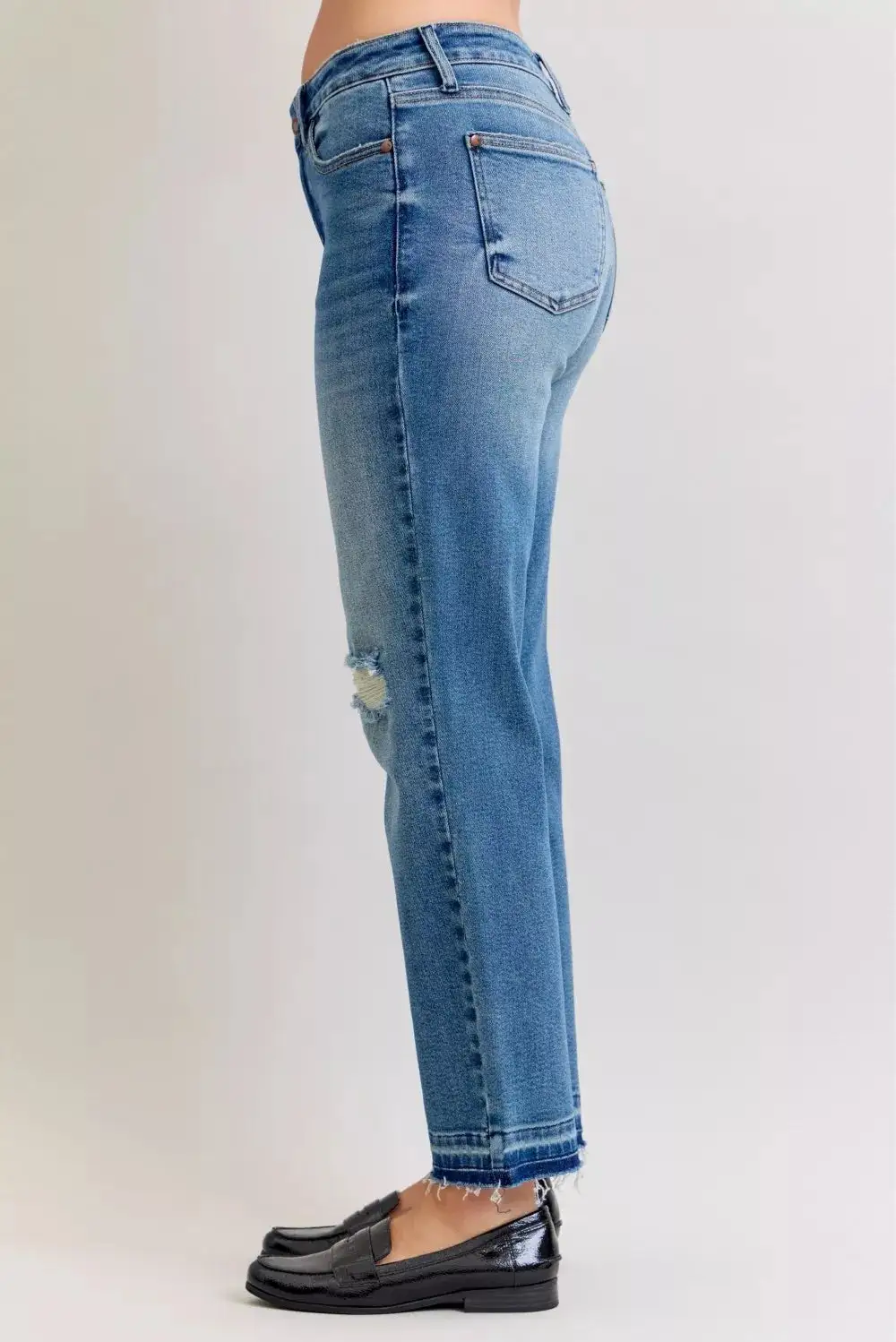 Mid Rise Raw Hem Distressed Boyfriend Jeans