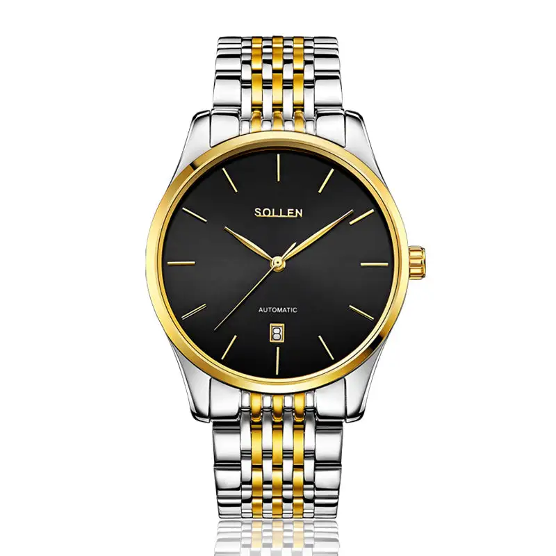 Sollen 9008 Automatic Watch - Men's Sunray Dial Slim Profile 9-Bead Stainless Steel Bracelet Wristwatch