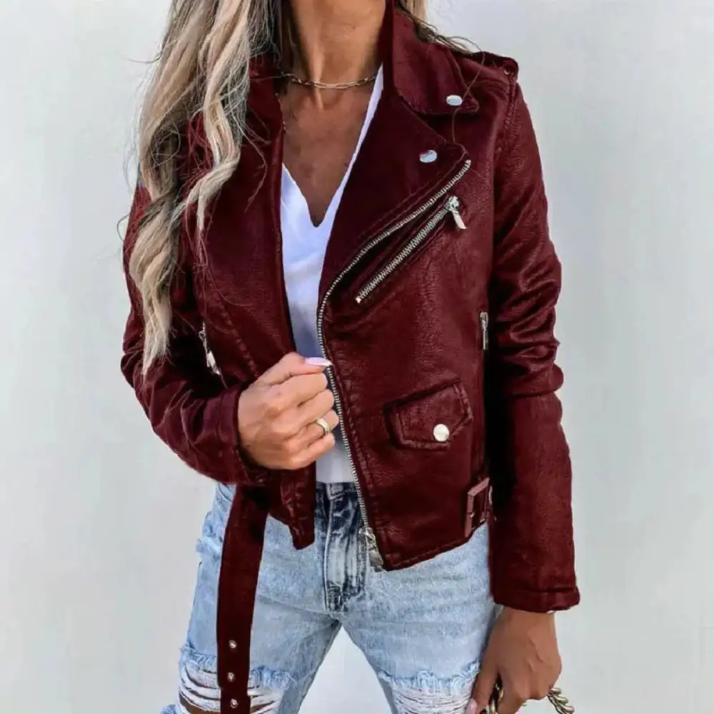 Cropped Faux Leather Asymmetric Zip Biker Jacket