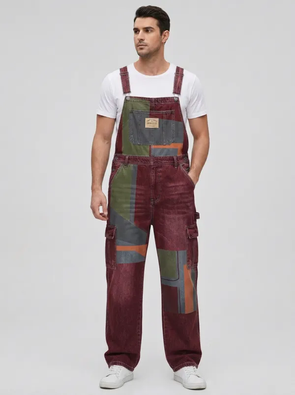 Patchwork Denim Cargo Overalls
