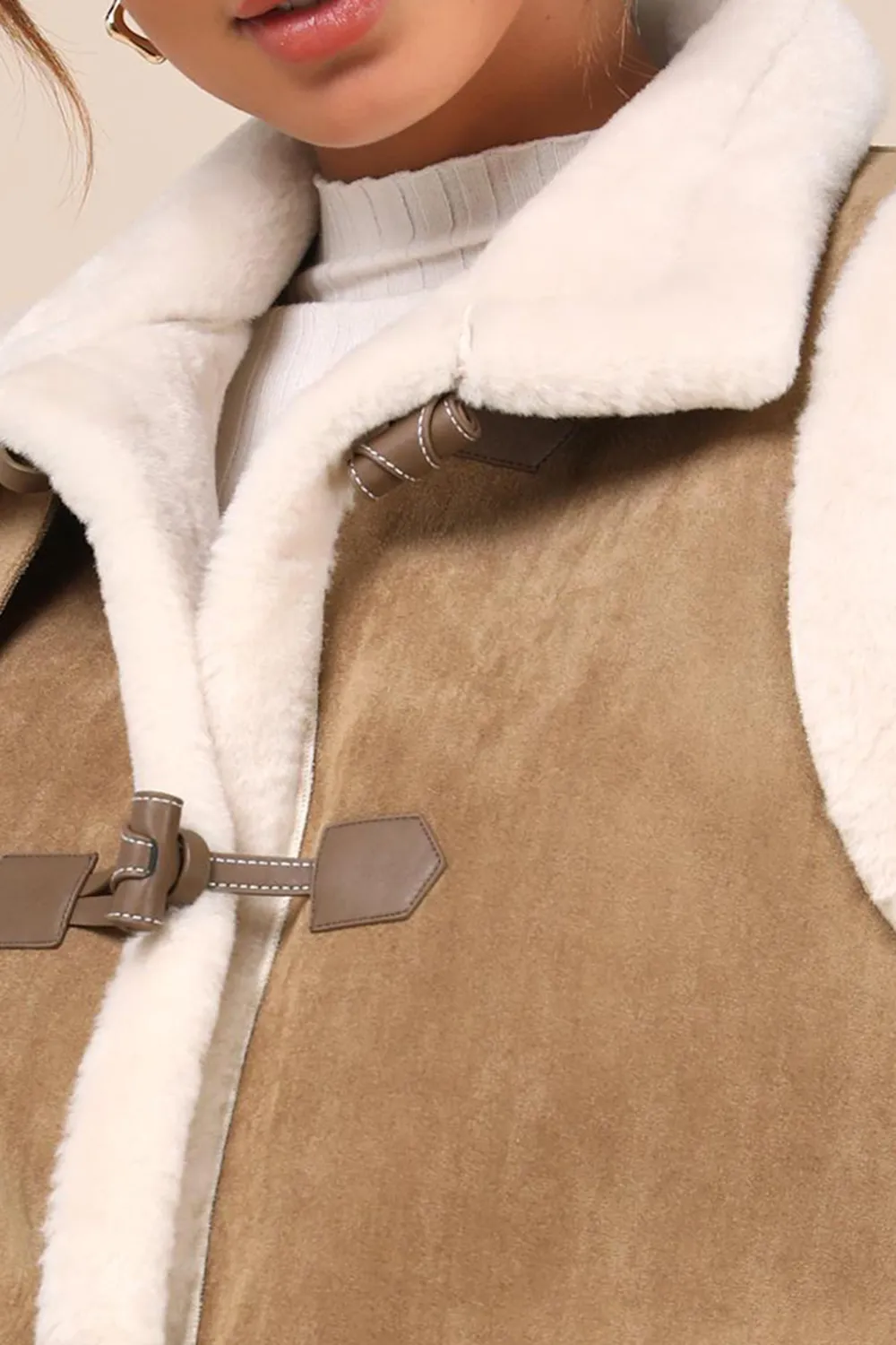 Classic Casual Style Tan Shearling Toggle Vest