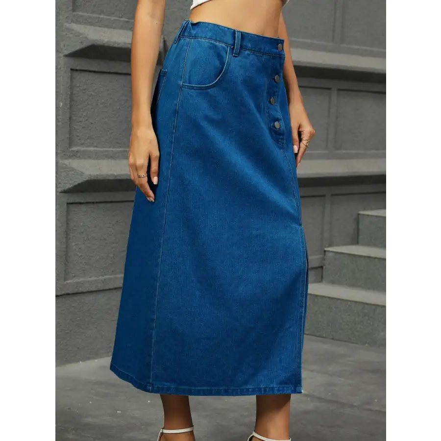 Slit Button Detail Denim Midi Skirt