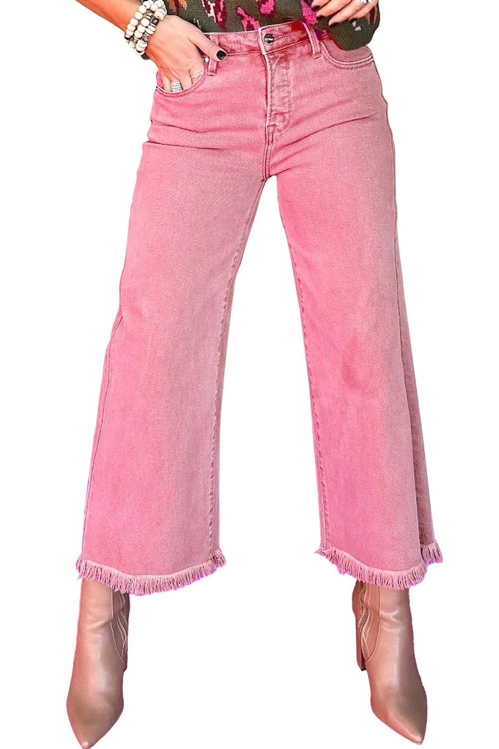 High Waist Cropped Frayed Hem Casual Jeans