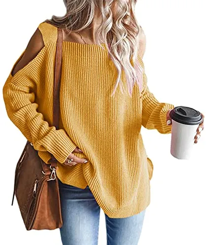 Women's Cold Shoulder Oversized Sweaters Batwing Long Sleeve Square Neck Chunky Knit Fall Tunic Sweater Tops