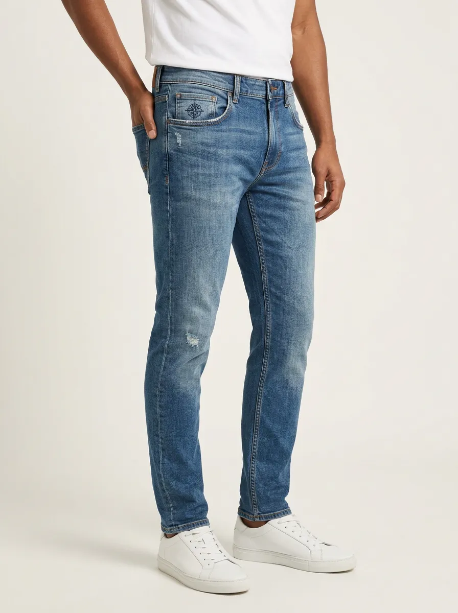 Men's Compass Emblem Distressed Printed Slim-Fit Jeans