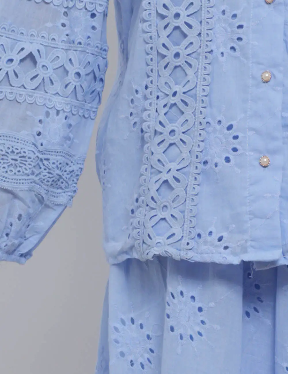 Boho Eyelet Button Down Blouse and Tiered Maxi Skirt Set