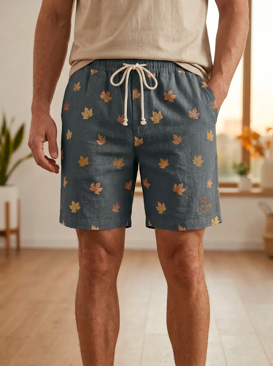 Maple Leaf Print Drawstring Comfortable Shorts