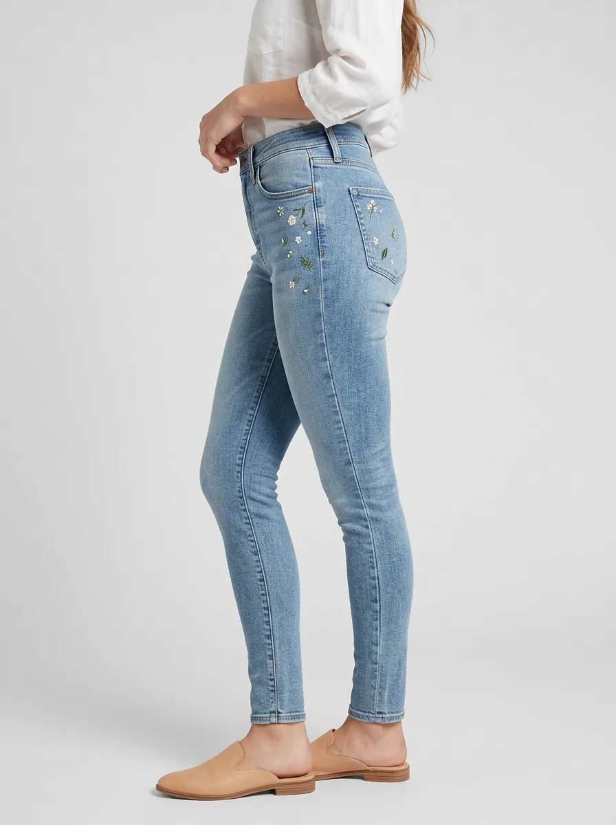 Women's Floral Small Daisy Embroidered Printed Slim Jeans