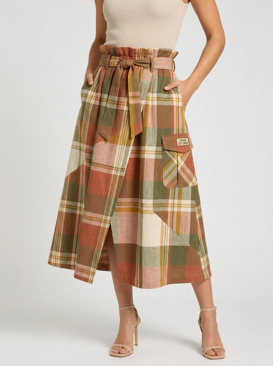 Women's Vintage Plaid Patterned High-Waisted Midi Skirt
