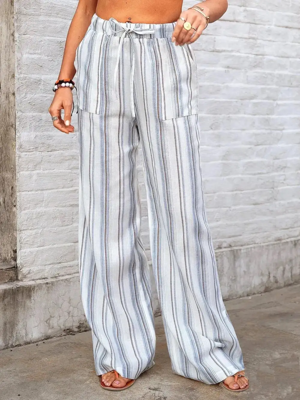 Wide Leg Striped Pocketed Pants