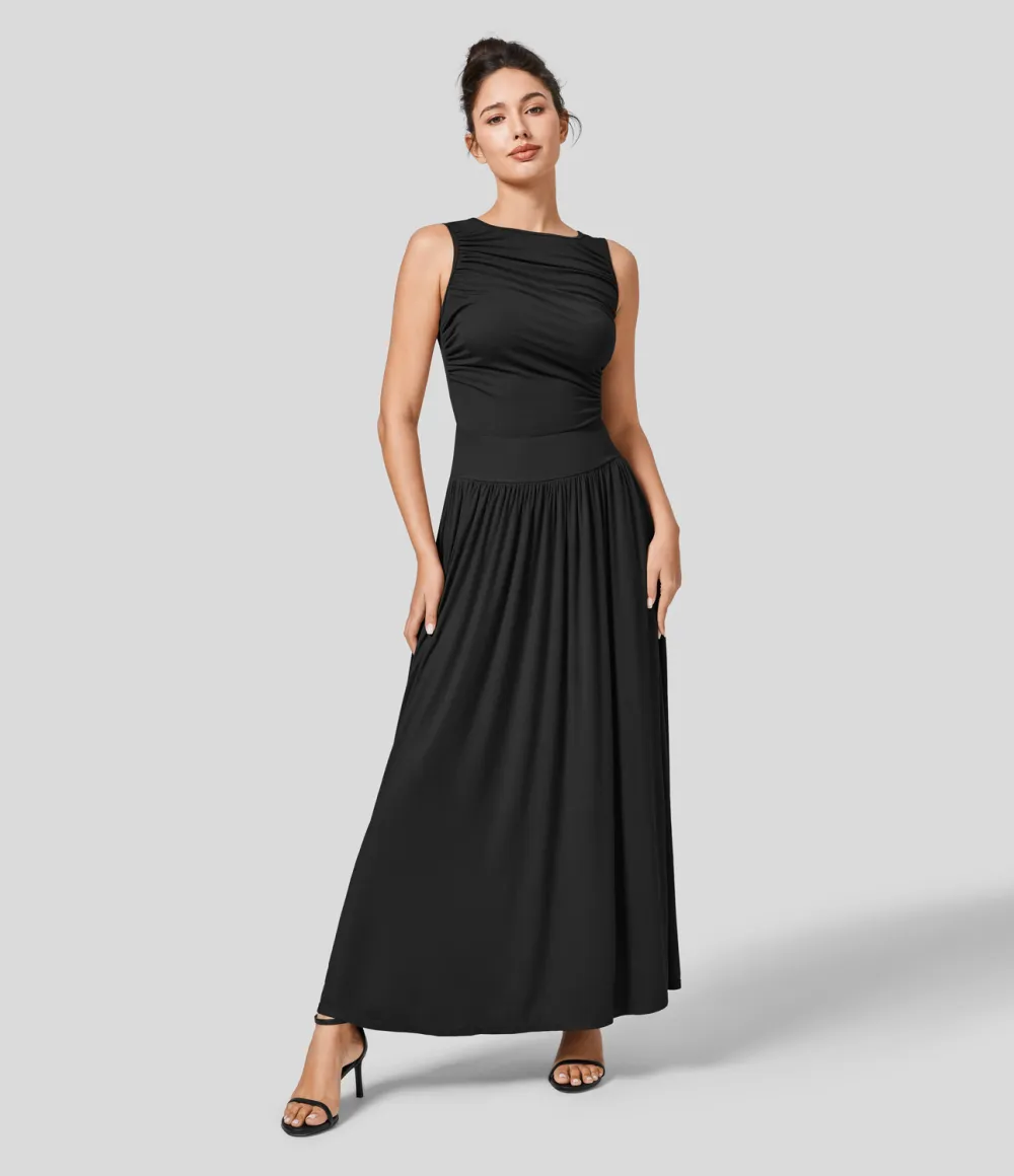 Ribbed Boat Neck Ruched Side Pocket Flowy Maxi Casual Dress