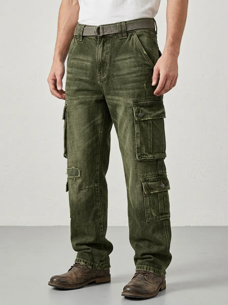 Men's Distressed Washed Grey Multi-Pocket Cargo Jeans