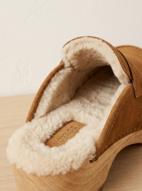 Women's Classic Faux Fur Lined Clog Style Winter Suede Wood Sole Loafers